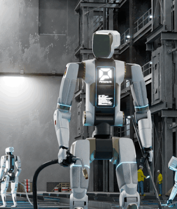 This is an image of a white Persona AI humanoid standing in a shipyard
