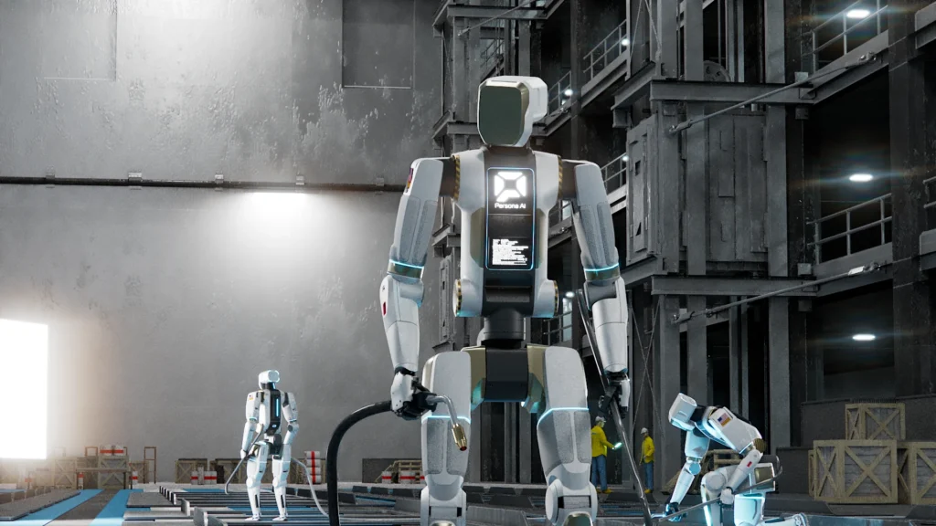 This is an image of a white Persona AI humanoid standing in a shipyard